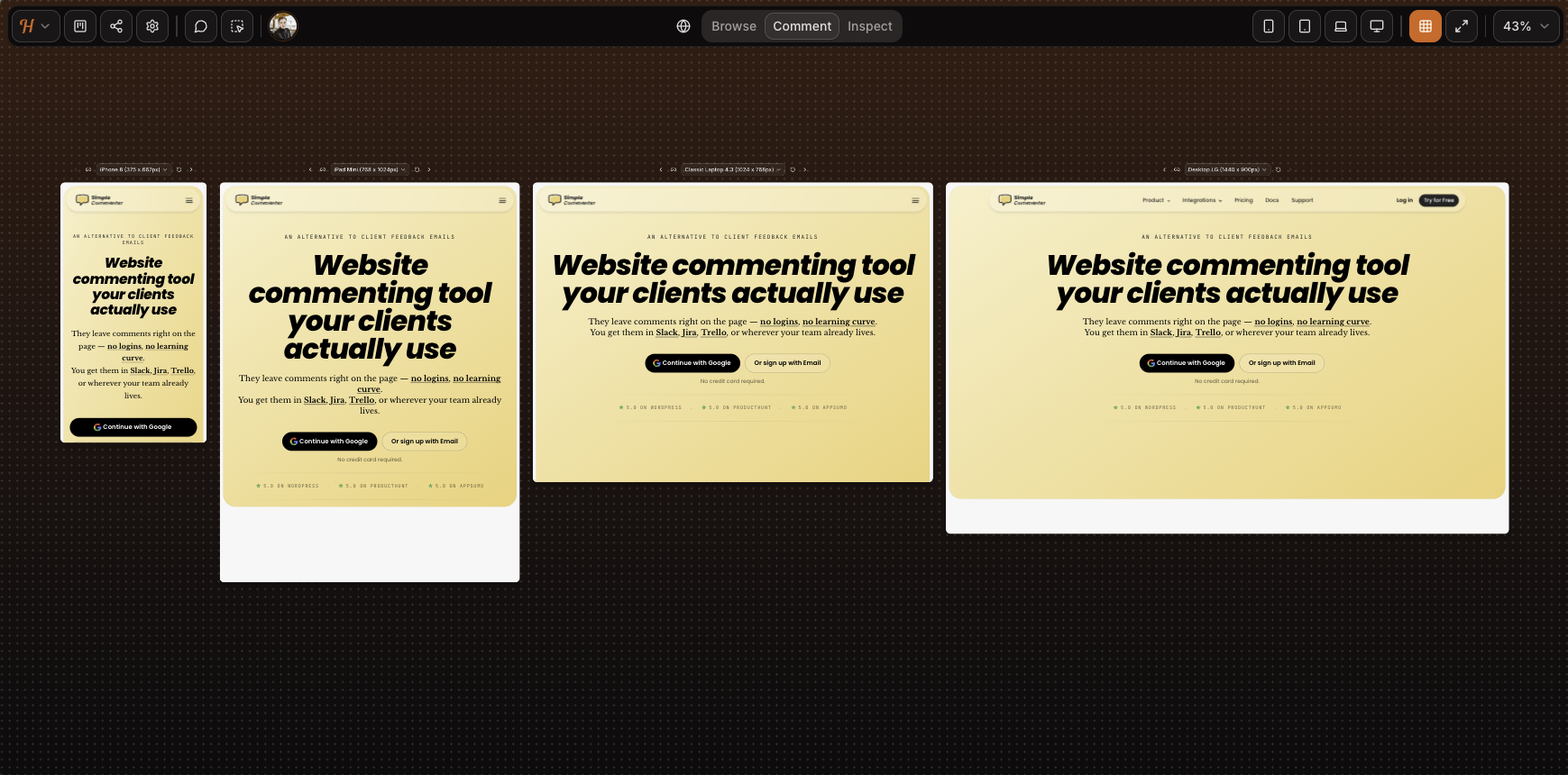 Huddlekit canvas view showing the same page rendered at mobile, tablet, laptop, and desktop sizes side by side