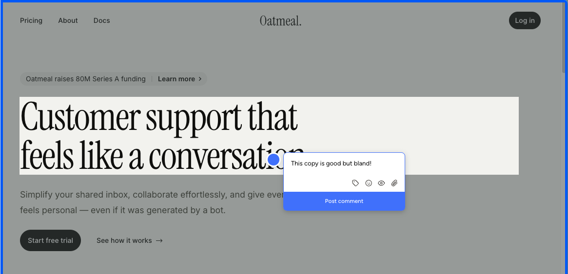Pastel canvas showing iframe-based feedback view with pinned comments