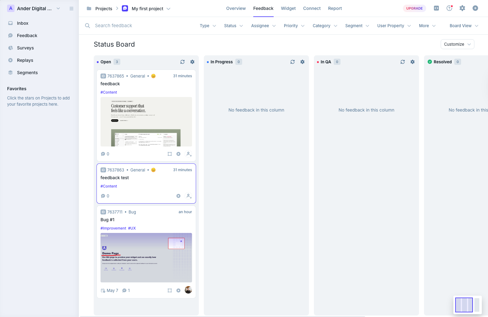 Userback widget showing the feedback dashboard with inbox, status board, and project overview views