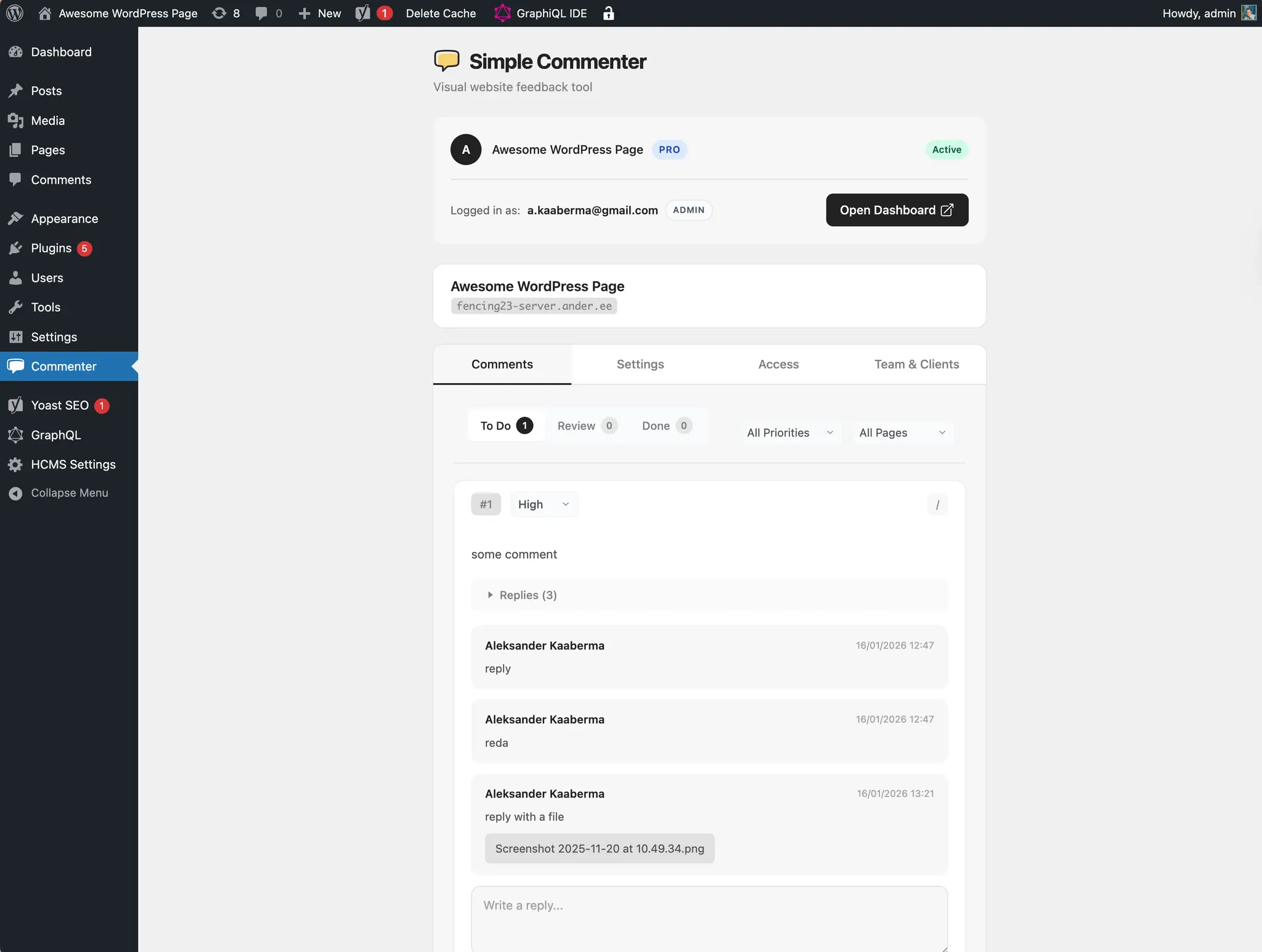 The plugin dashboard with comments, settings, and access tabs