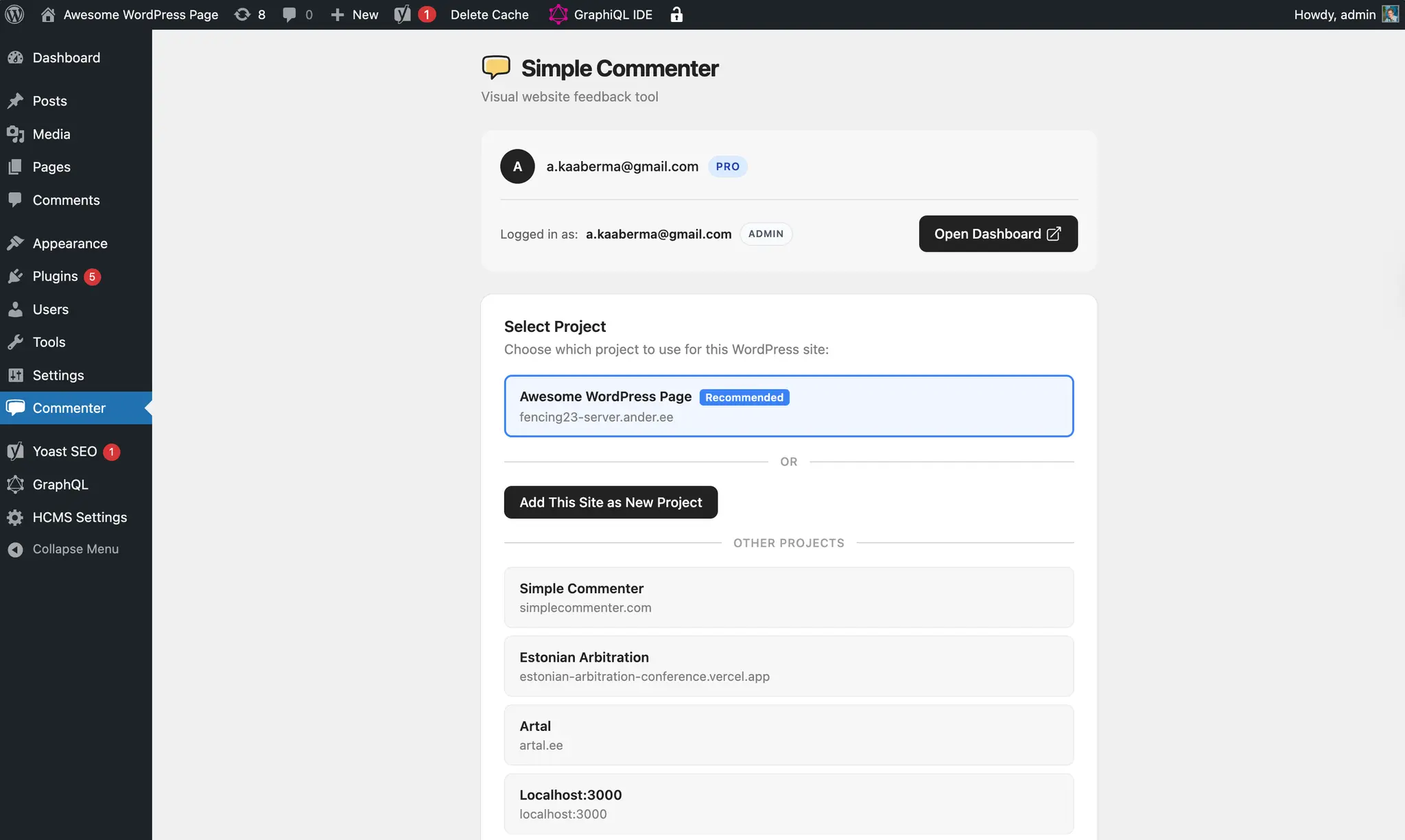 Select which project to use for your WordPress site